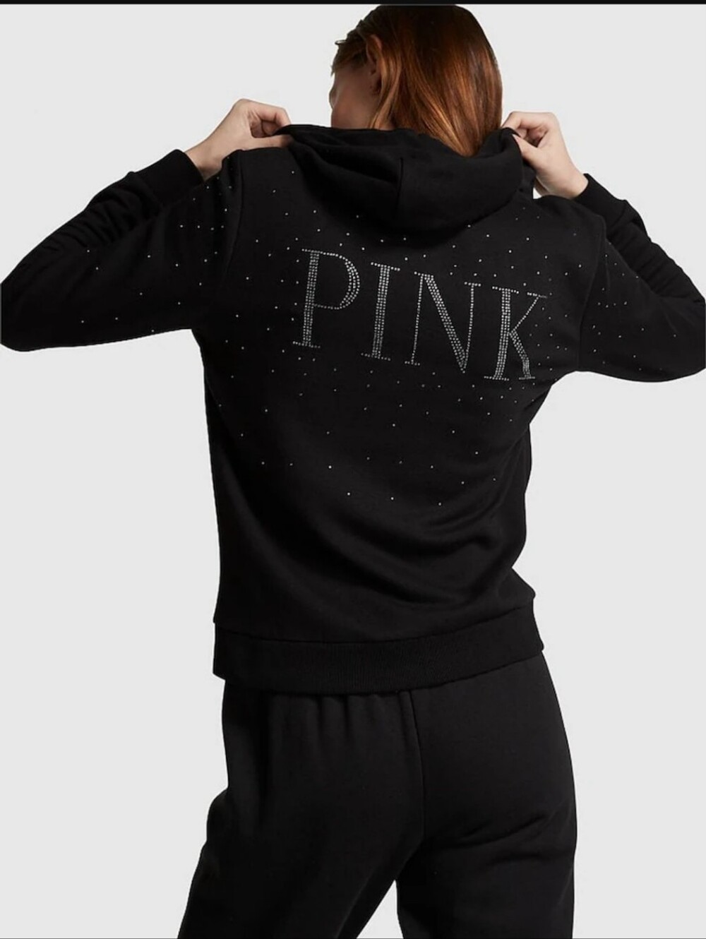 PINK Victoria's Secret Black Rhinestone Logo Everyday Zip-Up Hoodie Fleece Sz XS - Picture 3 of 14